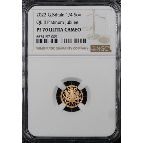 150 - NGC PF70 Ultra Cameo 2022 Proof quarter sovereign, Elizabeth II. Platinum Jubilee special reverse de... 