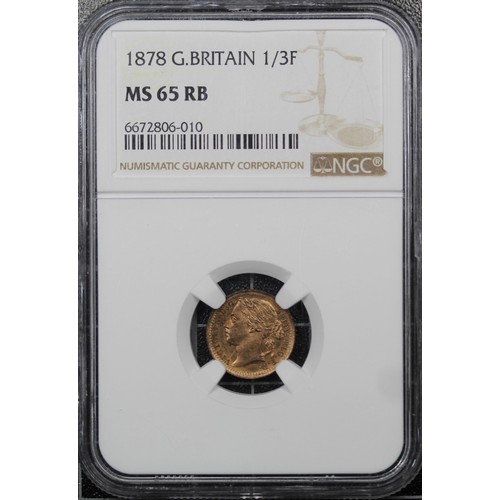 48 - 1878 Third Farthing, NGC MS65 RB Victoria. Struck for use in Malta. An odd spot otherwise a bright e... 