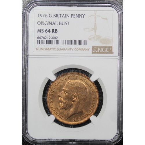 62 - 1926 Penny, NGC MS64 RB, George V. Rich copper-orange tones. A super example, UNC or very near so. [... 