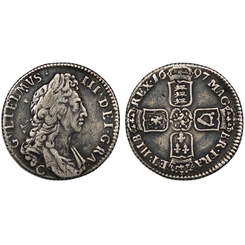 95 - 1697C Shilling, William III, Chester mint. Scottish and Irish shields transposed. Extremely rare wit... 