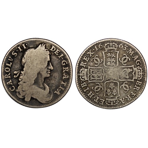 94 - 1663 Shilling, Charles II. Type D/1 with Scottish Irish shields transposed. Very rare, rated R3 in B... 