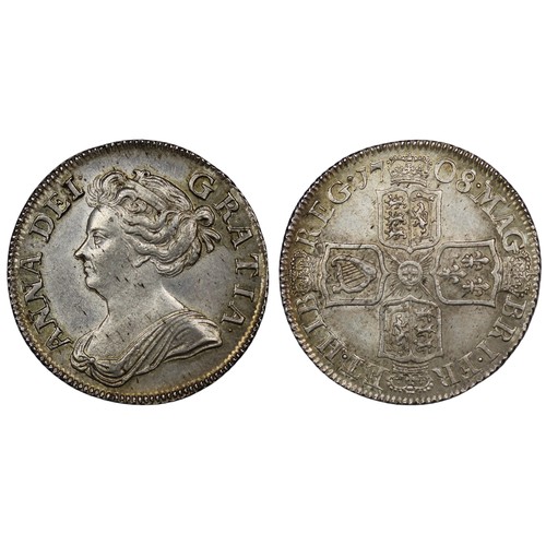 98 - 1708 Shilling, Queen Anne. Third bust, plain below. Reverse angles plain with 6 strings in harp. Sof... 