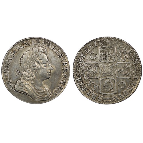 100 - 1723 Shilling, George I. SSC in reverse angles, first bust to obverse. 7 string in harp, 6 hearts in... 