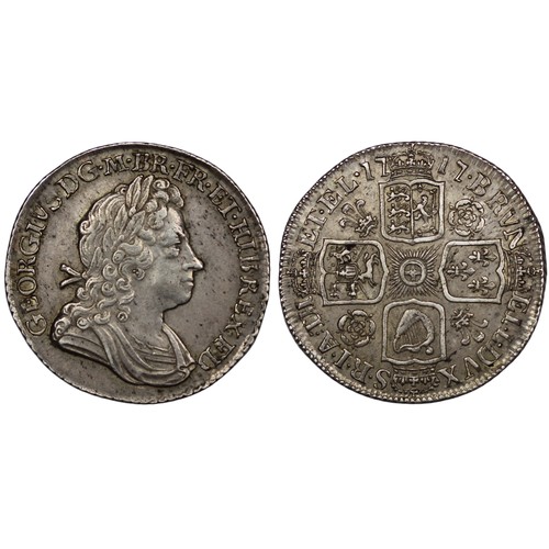 99 - 1717 Shilling, George I. Roses and plumes in reverse angles, first bust to obverse. 7 string in harp... 