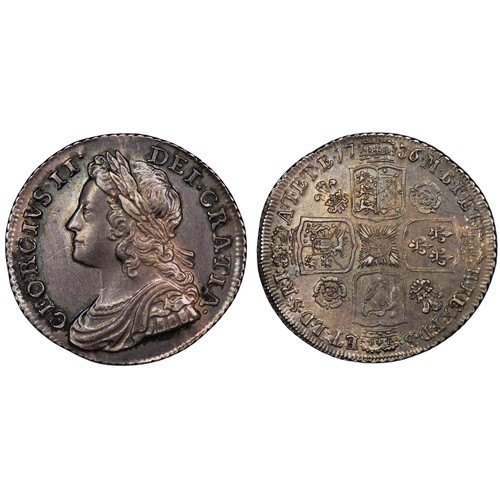 101 - 1736/5 Shilling, George II. Young laureate and draped bust with roses and plumes in angles to the re... 