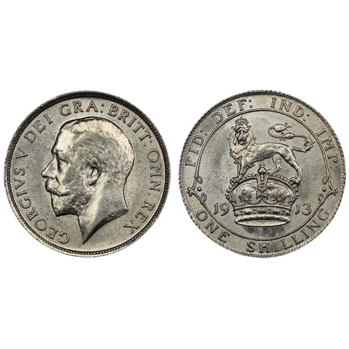 114 - 1913 Shilling, George V. Obv. bare head facing left, Rev. lion standing on crown. A particularly ple... 