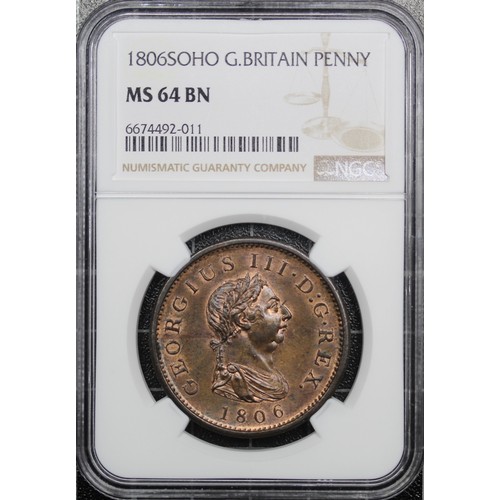 52 - 1806 Penny, George III. NGC MS64BN. Incuse hair curl by tie knot (KP37). A few minor surface spots o... 