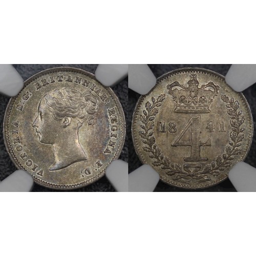 74 - 1841 Maundy fourpence, NGC AU58, Victoria. Obv. first young head, Rev. crowned denomination dividing... 