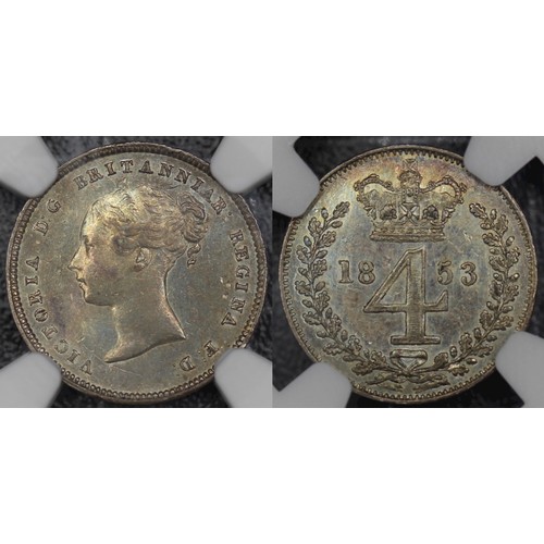 75 - 1853 Maundy fourpence, NGC AU58, Victoria. Obv. first young head, Rev. crowned denomination dividing... 