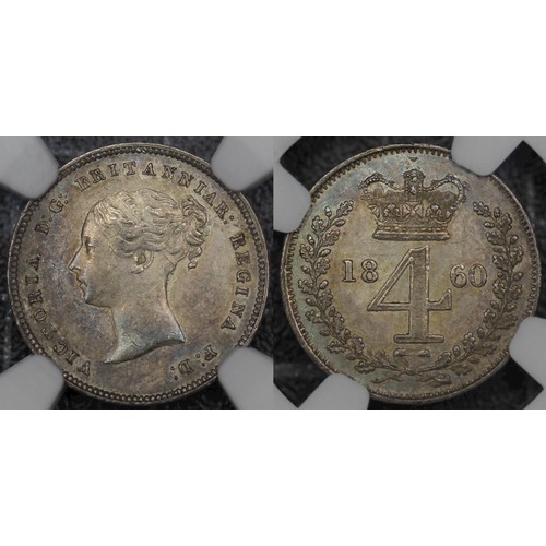 76 - 1860 Maundy fourpence, NGC AU55, Victoria. Obv. first young head, Rev. crowned denomination dividing... 