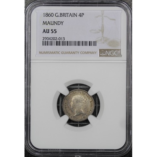 76 - 1860 Maundy fourpence, NGC AU55, Victoria. Obv. first young head, Rev. crowned denomination dividing... 