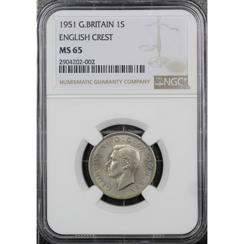 116 - 1951 Shilling, English reverse, NGC MS65, George VI. Obv. bare head left, rev. lion standing on crow... 