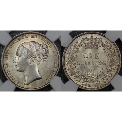 112 - 1842 Shilling, NGC MS62, Victoria. Obv. young head. Lustrous and vibrant with peripheral golden toni... 