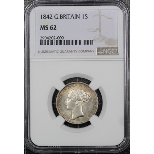 112 - 1842 Shilling, NGC MS62, Victoria. Obv. young head. Lustrous and vibrant with peripheral golden toni... 