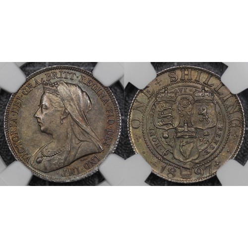 113 - 1897 Shilling, NGC MS64, Victoria. Obv. old veiled head, Rev. three crowned shields of England, Scot... 