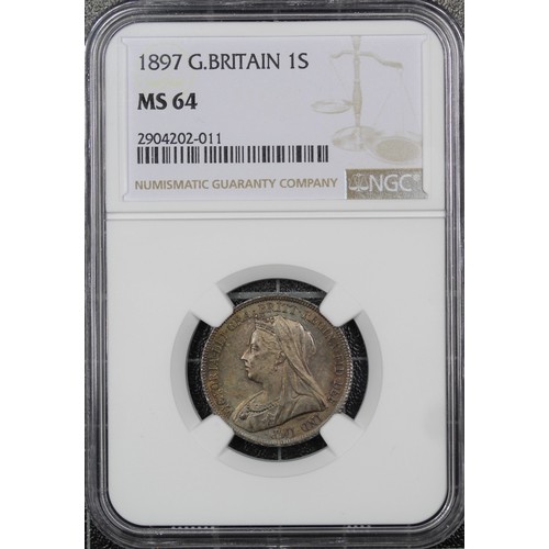 113 - 1897 Shilling, NGC MS64, Victoria. Obv. old veiled head, Rev. three crowned shields of England, Scot... 