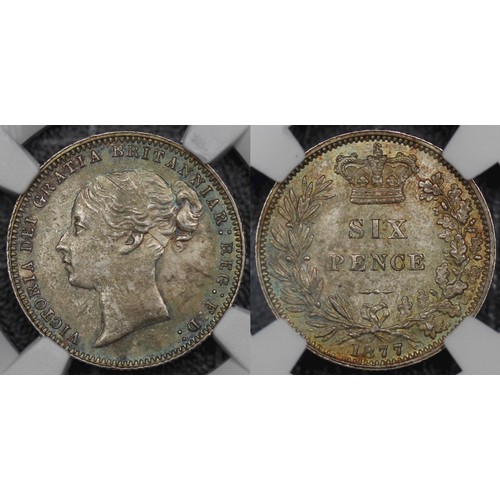 88 - TOP POP 1877 Sixpence, NGC MS65, Victoria. Obv. second young head, Rev. crowned mark of value. Iride... 