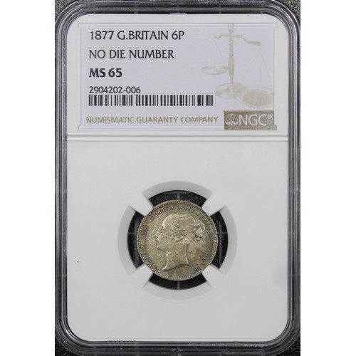 88 - TOP POP 1877 Sixpence, NGC MS65, Victoria. Obv. second young head, Rev. crowned mark of value. Iride... 