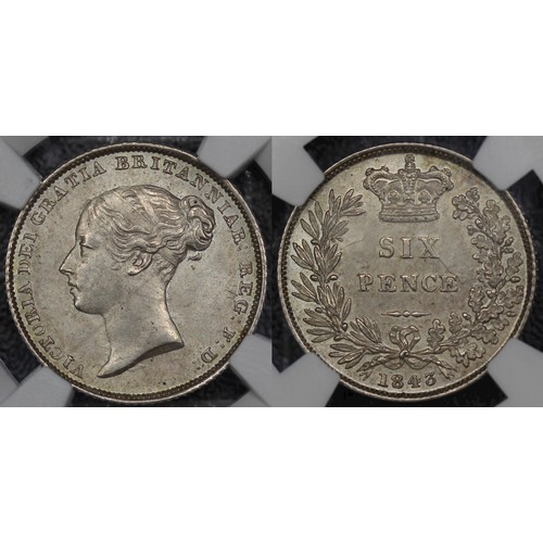 86 - 1843 Sixpence, NGC MS63, Victoria. Obv. first young head, Rev. crowned mark of value. Cartwheel lust... 