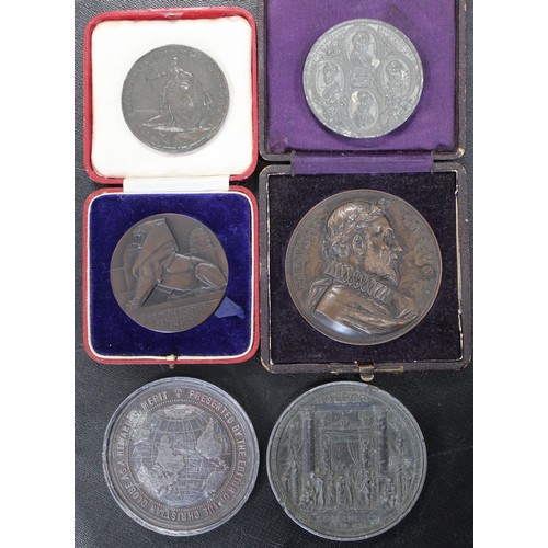 424 - A selection of historic medals (6) in copper/bronze to include a London Holborn Restaurant Medal (Ei... 