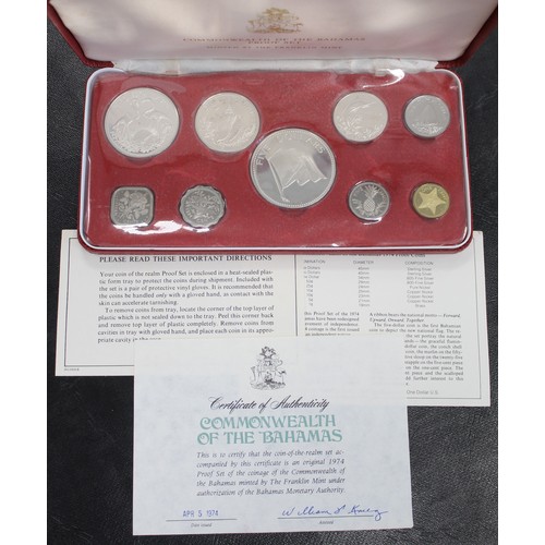 404 - 1974 Bahamas 9-coin proof set, $5 to 1cent. The larger four denominations struck in sterling and 80%... 