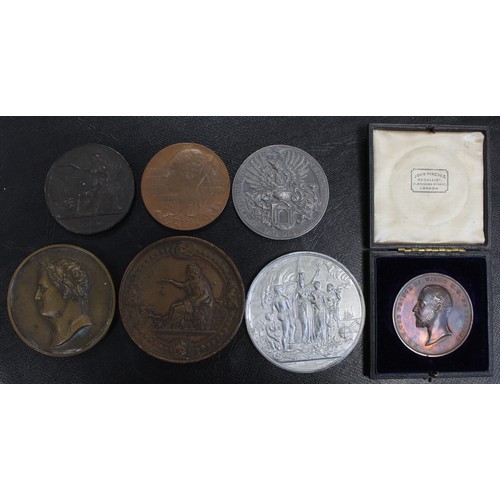 425 - A selection of UK & World historic medals (6) in copper/bronze and white metal to include 1876 I... 