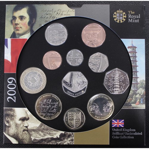 393 - BUNC 2009 year set featuring the Kew Gardens & set-only shield 50p coins. All as struck.