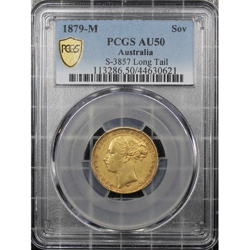 140 - Australia, 1879-M Sovereign, PCGS AU50, Victoria young head. Melbourne mint, reverse St. George &... 