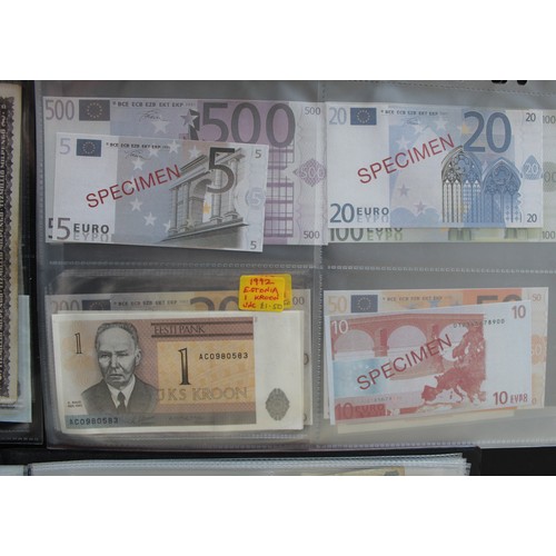 18 - In excess of 300 world banknotes in three collectors albums. Specimen set of Euro banknotes are repr... 