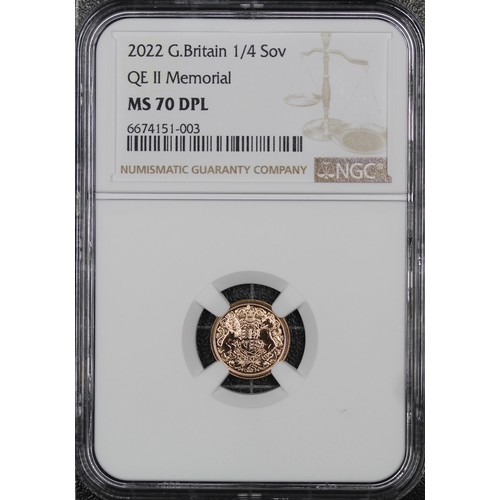 80 - 2022 Quarter sovereign, NGC MS70 DPL, Charles III. Memorial special reverse design by Jody Clark. As... 