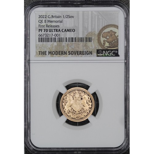 101 - NGC PF70 Ultra Cameo 2022 Proof half sovereign, Charles III. Memorial special reverse design by Jody... 