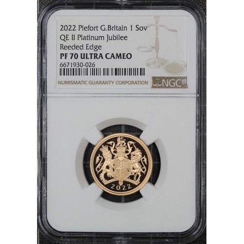 128 - NGC PF70 Ultra Cameo 2022 Piedfort proof sovereign, Elizabeth II. Platinum Jubilee special reverse d... 