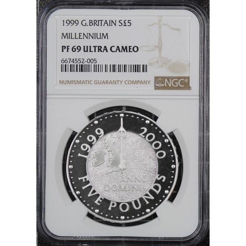 201 - NGC PF69 Ultra Cameo 1999 Silver proof £5, Elizabeth II. Struck to commemorate the turn of the Mille... 