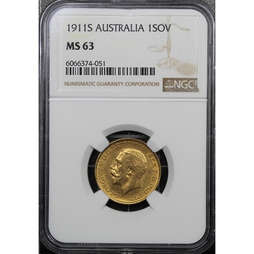 148 - Australia, 1911-S Sovereign, NGC MS63, George V. Sydney mint. aUNC. [Marsh 271, S.4003]... 