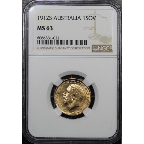 149 - Australia, 1912-S Sovereign, NGC MS63, George V. Sydney mint. aUNC, lustrous. [Marsh 271, S.4003]... 