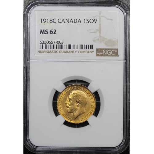 154 - Canada, 1918-C Sovereign, NGC MS62, George V, Ottawa Mint. Always desirable to sovereign collectors.... 