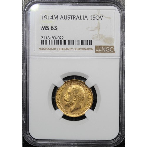 150 - Australia, 1914-M Sovereign, NGC MS63, George V. Melbourne mint. gEF. [Marsh 232, S.3999]... 