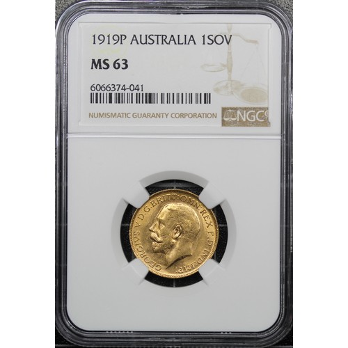 151 - Australia, 1919-P Sovereign, NGC MS63, George V. Perth mint. aUNC, lustrous. [Marsh 258, S.4001]... 