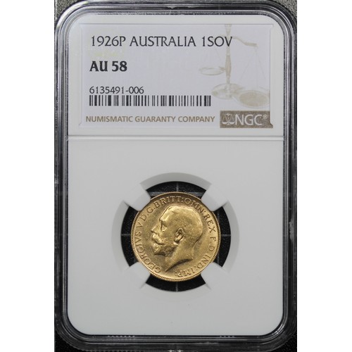 152 - Australia, 1926-P Sovereign, NGC AU58, George V. Perth mint, the key date of the series. gVF/aEF and... 