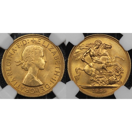 111 - 1959 Sovereign, NGC MS65, Elizabeth II. Obverse portrait by Mary Gillick. A pleasing example with pl... 