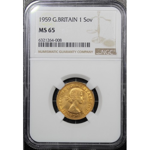 111 - 1959 Sovereign, NGC MS65, Elizabeth II. Obverse portrait by Mary Gillick. A pleasing example with pl... 