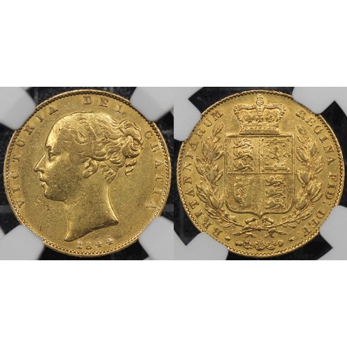 103 - 1844 Sovereign, NGC AU50, Victoria young head, shield reverse. Overall VF. [Marsh 27, S.3852]... 