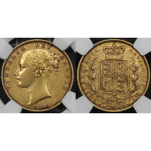 104 - 1849 Sovereign, NGC AU53, Victoria. Small deposits below date otherwise gVF. [Marsh 32 (Rated R), S.... 