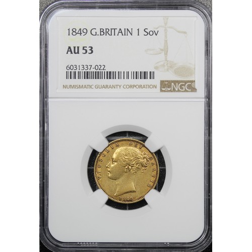 104 - 1849 Sovereign, NGC AU53, Victoria. Small deposits below date otherwise gVF. [Marsh 32 (Rated R), S.... 