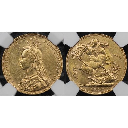 107 - 1890 Sovereign, NGC MS61, Victoria. Second legend, G of DG close to crown. aEF. [Dish L13, Marsh 128... 