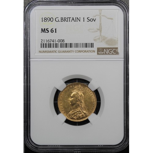 107 - 1890 Sovereign, NGC MS61, Victoria. Second legend, G of DG close to crown. aEF. [Dish L13, Marsh 128... 