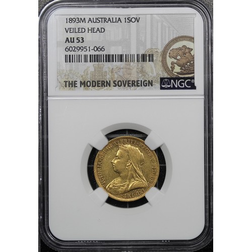 141 - Australia, 1893-M Sovereign, NGC AU53, Victoria veiled head. Melbourne mint. gVF/aEF and presented i... 