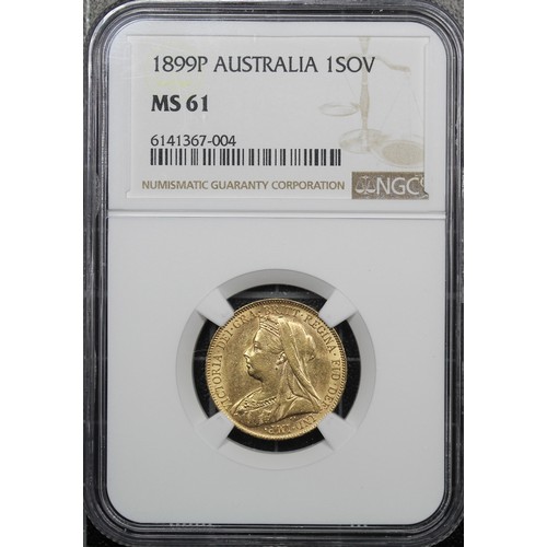 143 - Australia, 1899-P Sovereign, NGC MS61, Victoria veiled head. Perth mint. EF, perhaps better, and wit... 