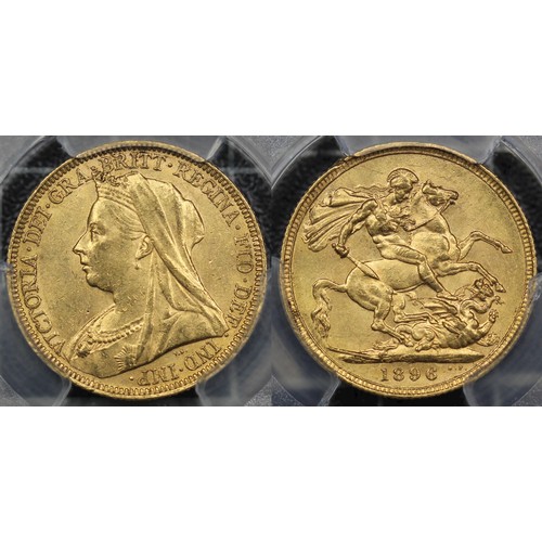 145 - Australia, 1896-S Sovereign, PCGS MS61, Victoria veiled head. Sydney mint. EF. [Marsh 165, S.3877]... 