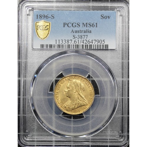 145 - Australia, 1896-S Sovereign, PCGS MS61, Victoria veiled head. Sydney mint. EF. [Marsh 165, S.3877]... 